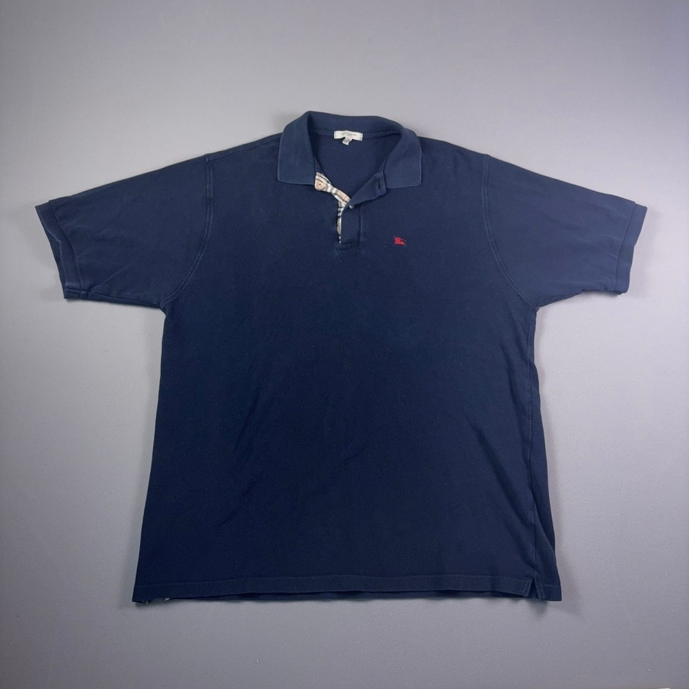 Burberry London Mens XXL Navy Blue Polo Shirt Nova Check Placket Made in GB